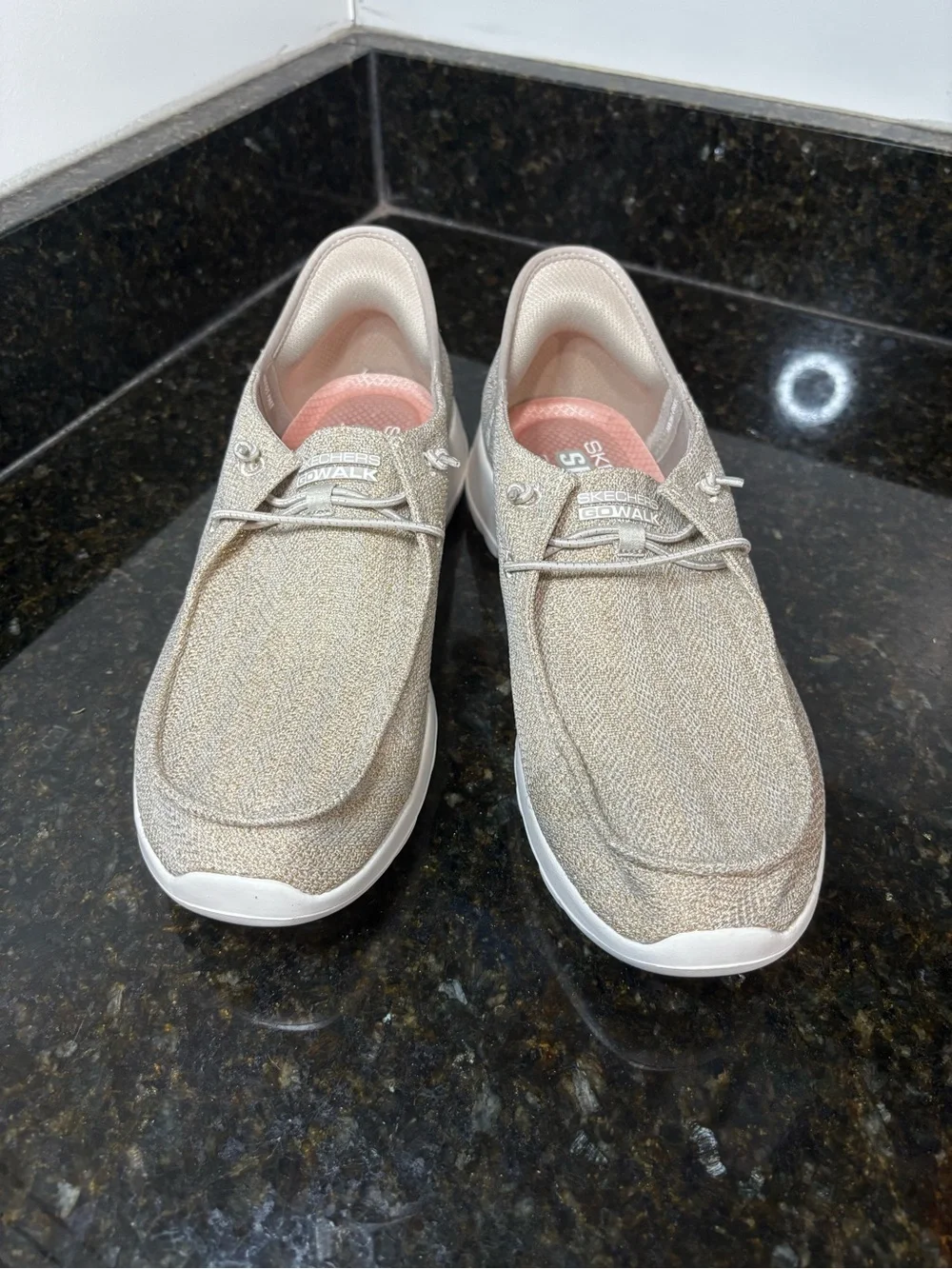 SKECHERS GOWALK Slip Ins Women’s Casual Loafers in Sparkly Gold/Light Beige